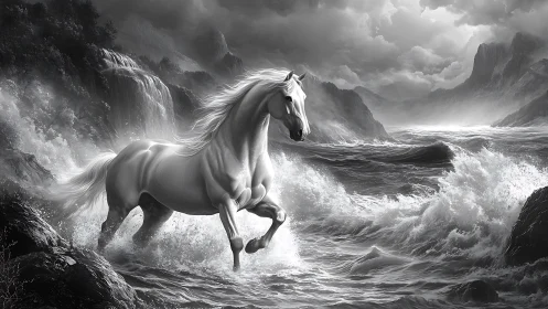 Storm-surge stallion in monochrome cinematic seascape.