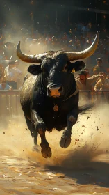 Charging black bull storms through arena in swirling golden dust