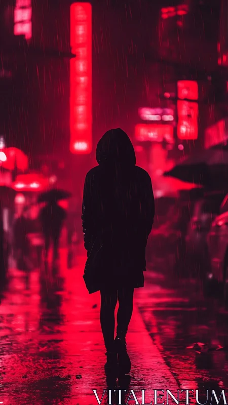 Hooded figure walks alone through neon drenched rainy street