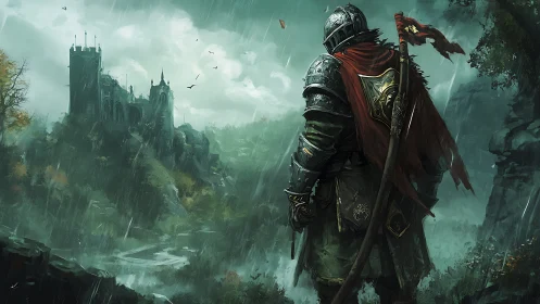 Armored knight observes distant castle in heavy rain