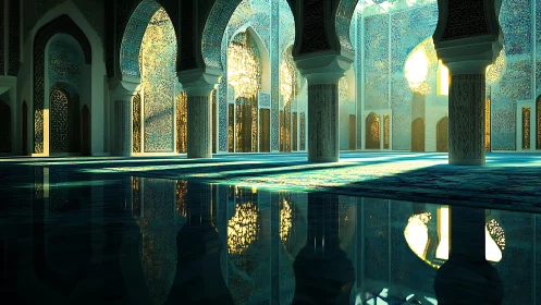 Interior view of ornate tiled hall with arch reflections.