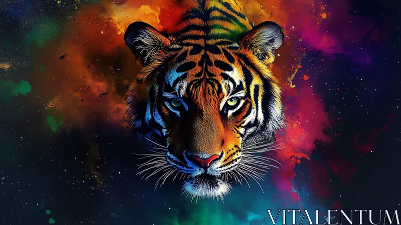 Tiger portrait on multicolored abstract cosmic background.