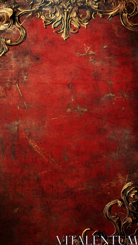 Baroque gold ornaments frame distressed red background.