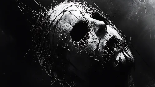 Eroded skeletal mask rises from darkness in stark monochrome