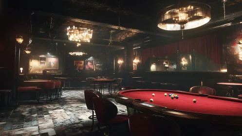 Moody billiards lounge glowing with rich vintage warmth.