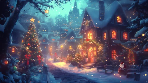 Snowlit village avenue wrapped in glowing Christmas wonder.