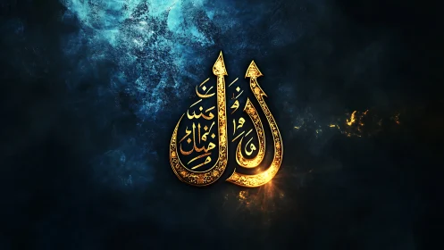 Golden Arabic calligraphy burns softly in cosmic blue haze