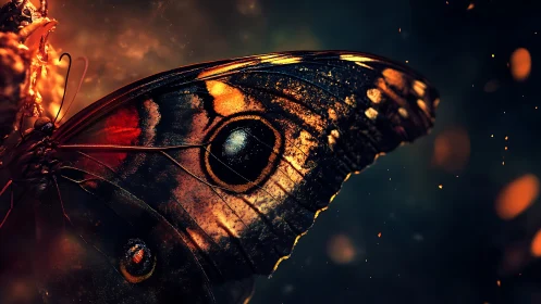 Macro butterfly wing glowing with molten orange bokeh.