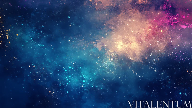 Nebula clouds glow in swirling blue, gold, and magenta space.