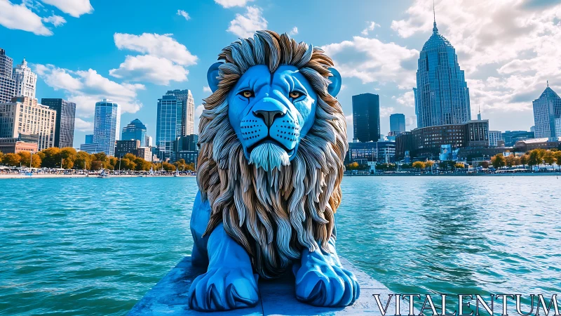 Cerulean river lion claims the city skyline as its throne