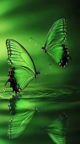 Two green butterflies hover above reflective rippled water