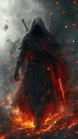 Hooded fireblade warrior strides through molten embers.
