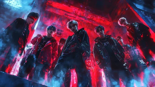 Neon storm idols stare down from a crimson vapor gate