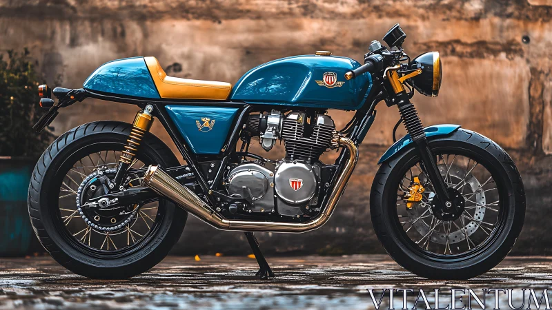 Retro cafe racer motorcycle in teal and gold livery profile.