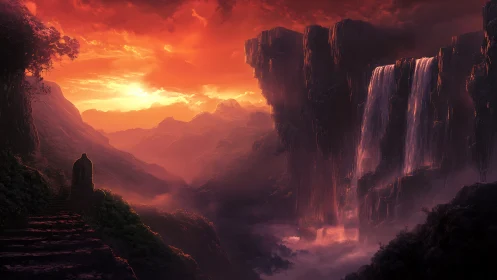 Crimson pilgrim path beside thunder-soaked skyfalls.