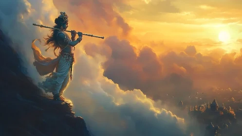 Flute-bearing celestial figure surveying cloud-laden citadel.
