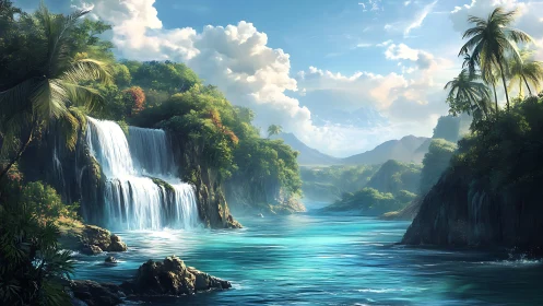 Tropical waterfall river valley glows under bright morning sky