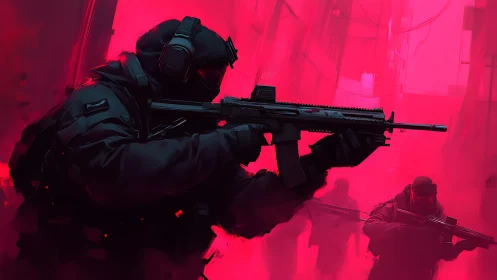 Tactical assault team advancing through neon red smoke.
