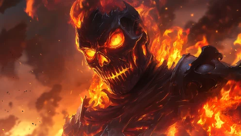 Flaming skeletal warrior in molten inferno armor artwork.