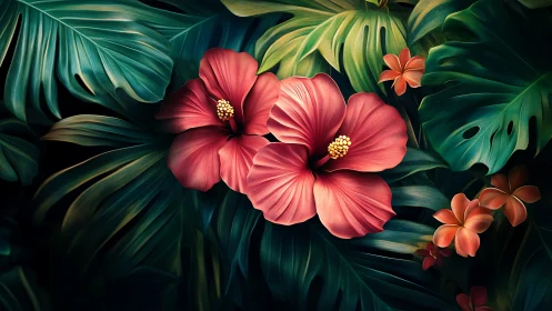 Botanical Digital Composition with Luminous Hibiscus.
