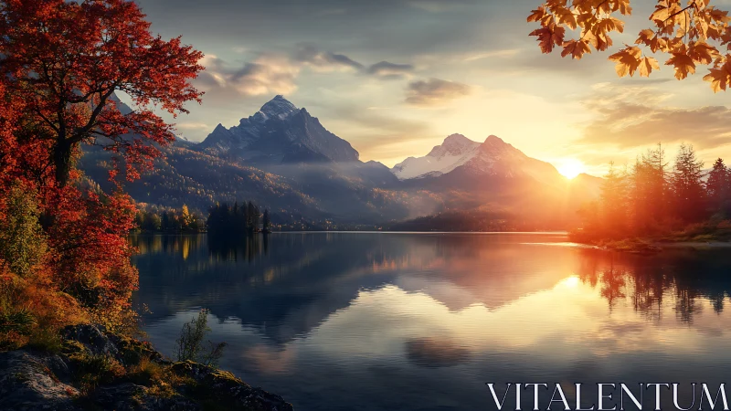 Golden mountain sunrise glows over tranquil autumn lake