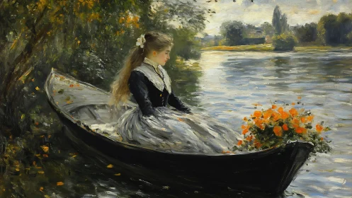 Young woman in rowboat rendered with loose impressionist brushwork