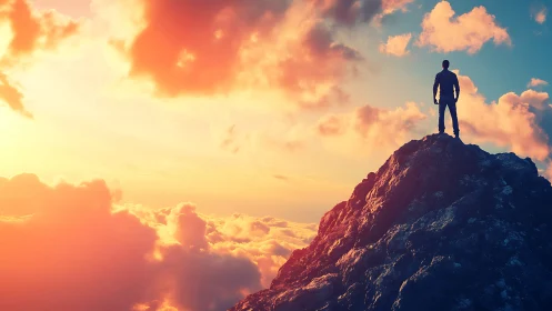 Silhouetted climber surveys vibrant sunrise above clouds.