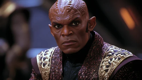 Alien commander stares ahead in ornate galactic armor.