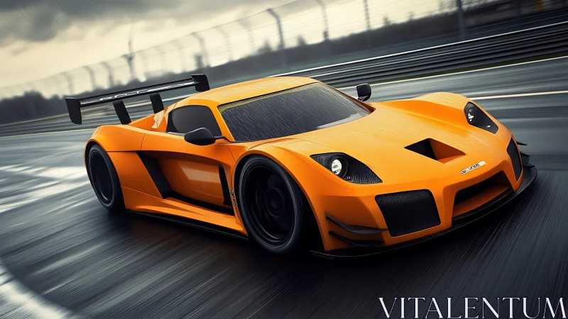 Orange race car moves on wet track in rainy conditions