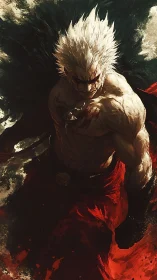 White haired warrior strides through shadow and burning dust