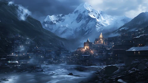 Mountain temple city glows against stormy Himalayan night