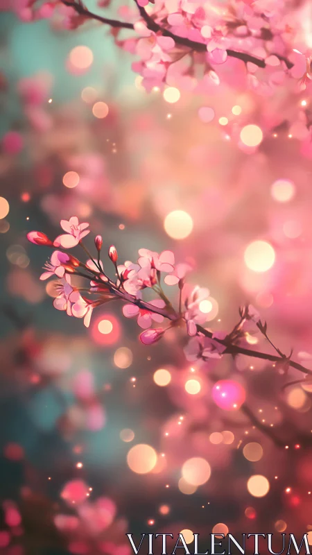 Luminescent Cherry Blossoms Dance in Golden Bokeh Reverie.
