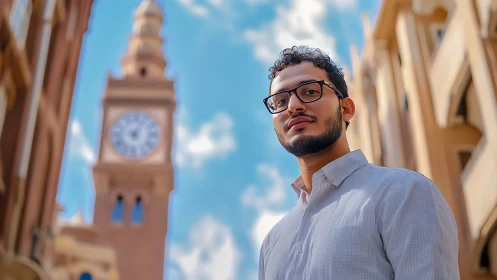 Calm city wanderer under bright blue clocktower sky.