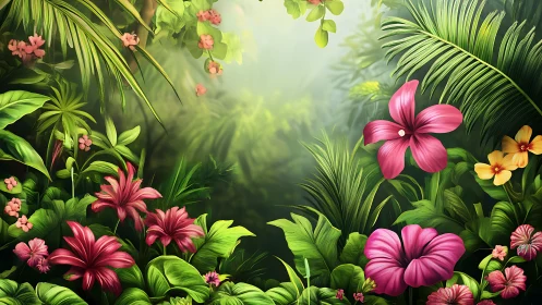 Digital rendering of lush tropical flora with multilayered depth of field and atmospheric light diff