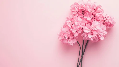 Soft pink hydrangea bouquet resting on gentle pastel pink.