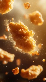 Golden fried dough fragments suspended in dynamic particle dispersion.