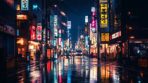 Neon soaked city street glowing softly in the midnight rain.
