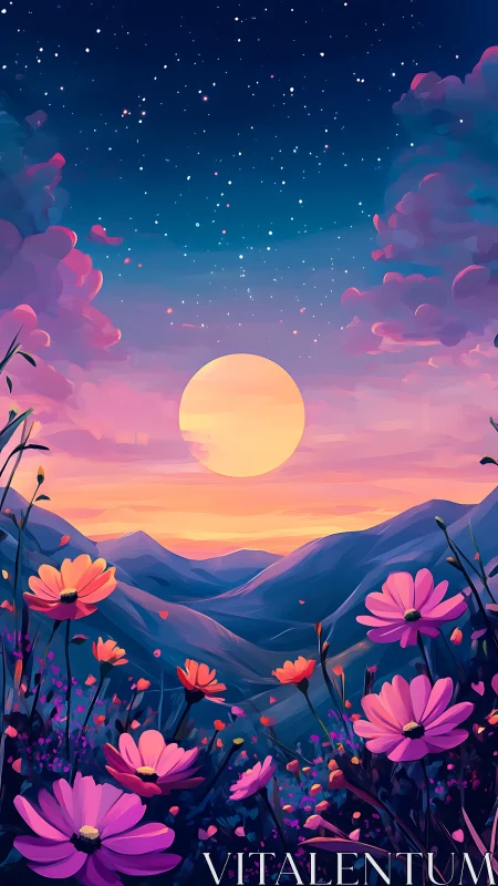 Vibrant digital dusk landscape renders florals and moonrise