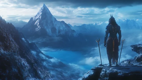 Mythic warrior overlooks icy mountain lake at dawn