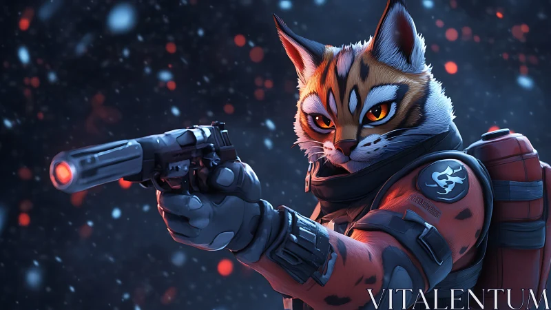 Armored feline marksman aims silenced revolver in snowfall
