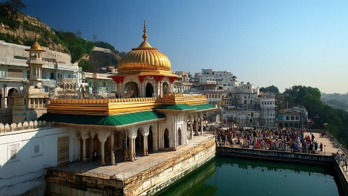 Golden lakeside temple thrums with morning devotion and light.