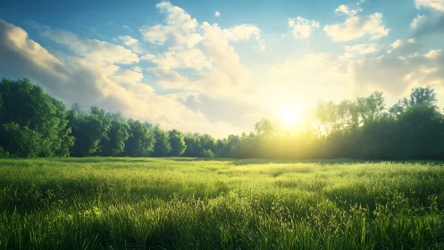 Grassy field and treeline under low sunlit sky at horizon.
