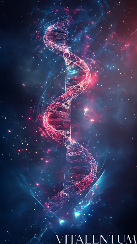 Helical DNA strand rendered in luminous cosmic environment.