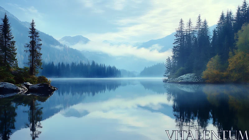 Misty alpine lake mirrors evergreen forest and peaks.