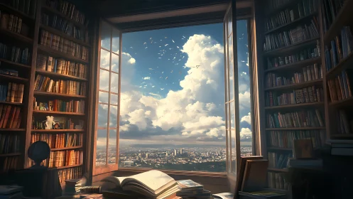 Bookshelves frame open window overlooking bright cityscape