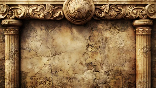 Weathered classical columns frame cracked golden wall.