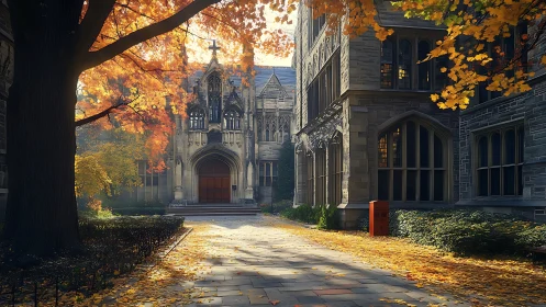 Autumn courtyard framing neo gothic university chapel facade.
