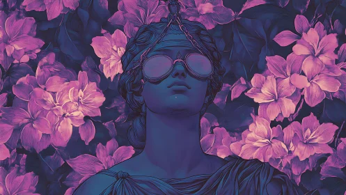 Neon-lit blindfolded statue amid dense magenta floral backdrop