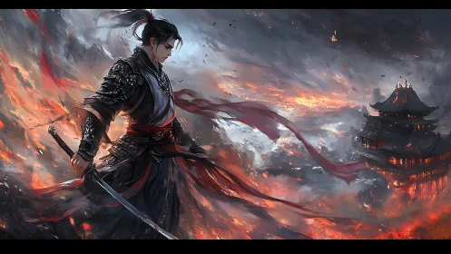 Solitary armored swordsman stands before distant burning fortress