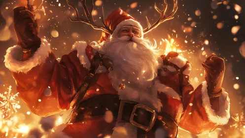 Dynamic digital painting of triumphant, glowing Santa Claus.